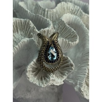 925 Sterling Silver 18k Yellow Gold Topaz & Sapphire Pendant Length 1.3 Inch