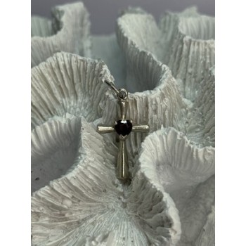 925 Sterling Silver Garnet Heart Cross Length 1.2 Inch