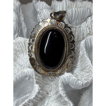 Vintage 925 Sterling Silver Black Onyx Pendant Length 2 Inch