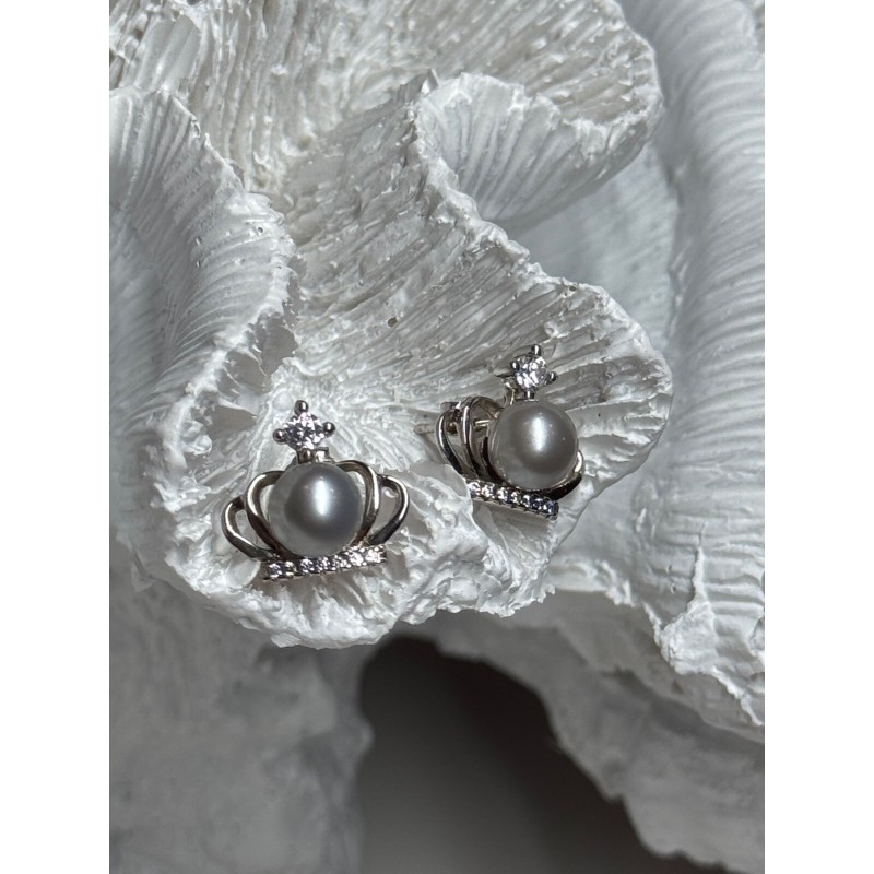 925 STERLING SILVER PEARL CROWN EARRINGS LENGTH 0.5 INCH