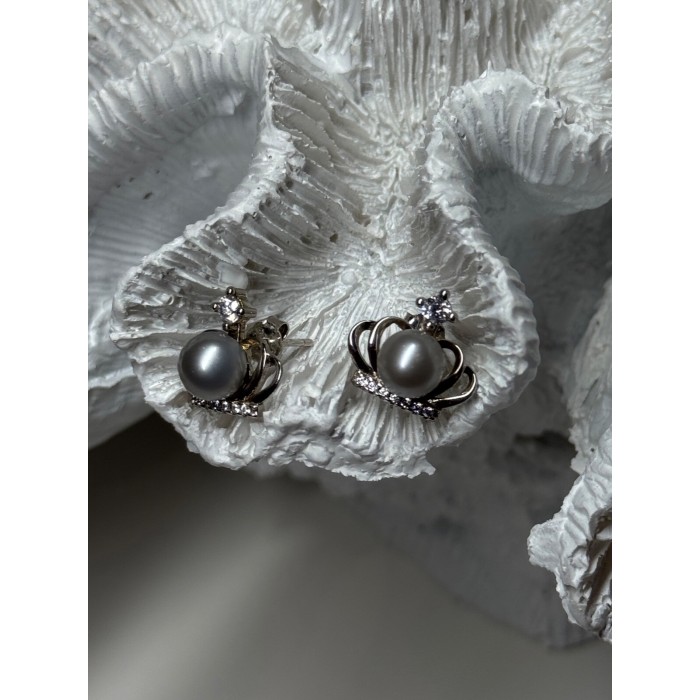 925 STERLING SILVER PEARL CROWN EARRINGS LENGTH 0.5 INCH