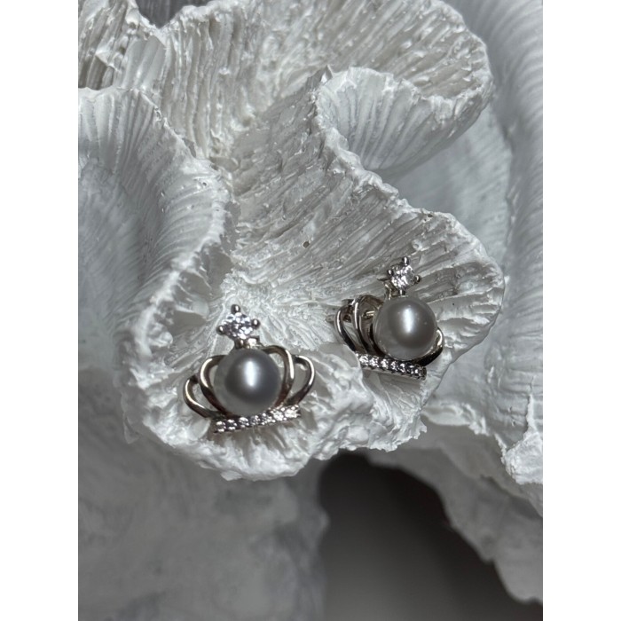 925 STERLING SILVER PEARL CROWN EARRINGS LENGTH 0.5 INCH