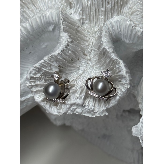 925 STERLING SILVER PEARL CROWN EARRINGS LENGTH 0.5 INCH