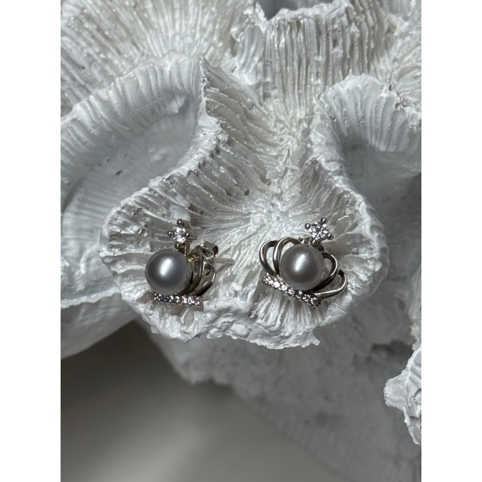 925 STERLING SILVER PEARL CROWN EARRINGS LENGTH 0.5 INCH