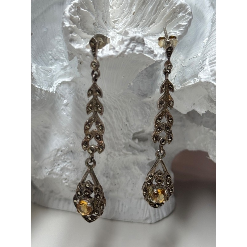 925 Sterling Silver Citrine & Marcasite Earrings Length 2.2 Inch