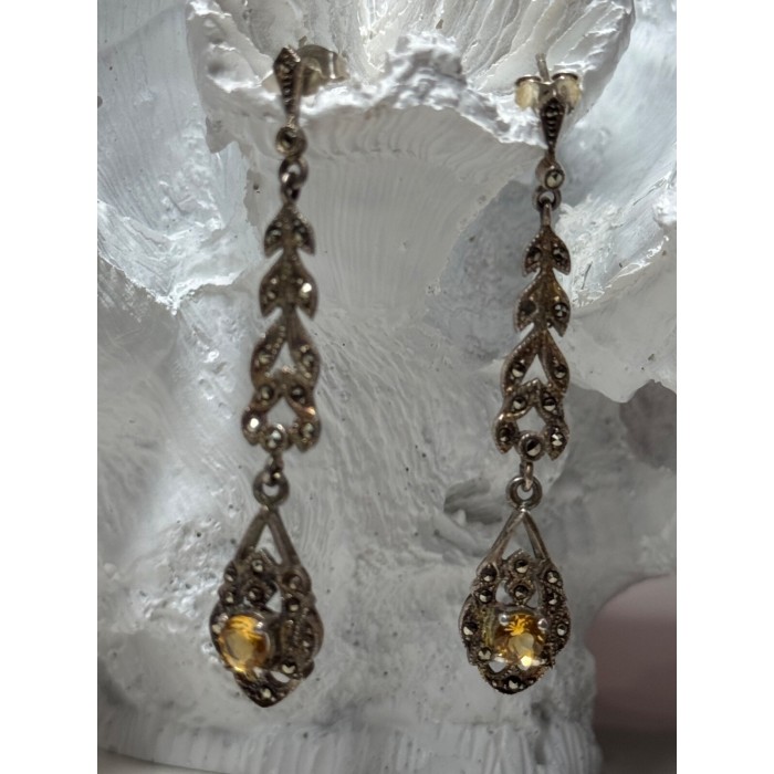 925 Sterling Silver Citrine & Marcasite Earrings Length 2.2 Inch