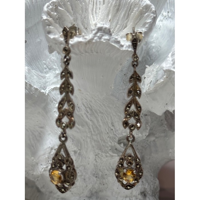 925 Sterling Silver Citrine & Marcasite Earrings Length 2.2 Inch