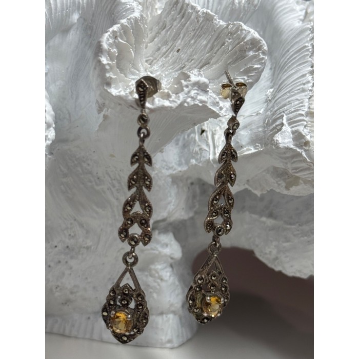 925 Sterling Silver Citrine & Marcasite Earrings Length 2.2 Inch