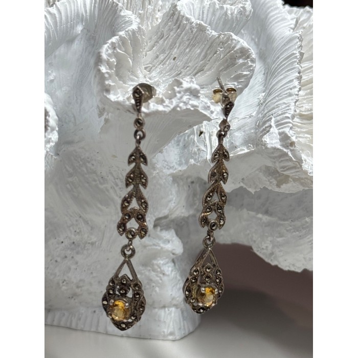 925 Sterling Silver Citrine & Marcasite Earrings Length 2.2 Inch