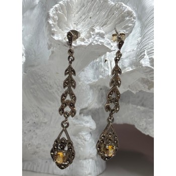 925 Sterling Silver Citrine & Marcasite Earrings Length 2.2 Inch