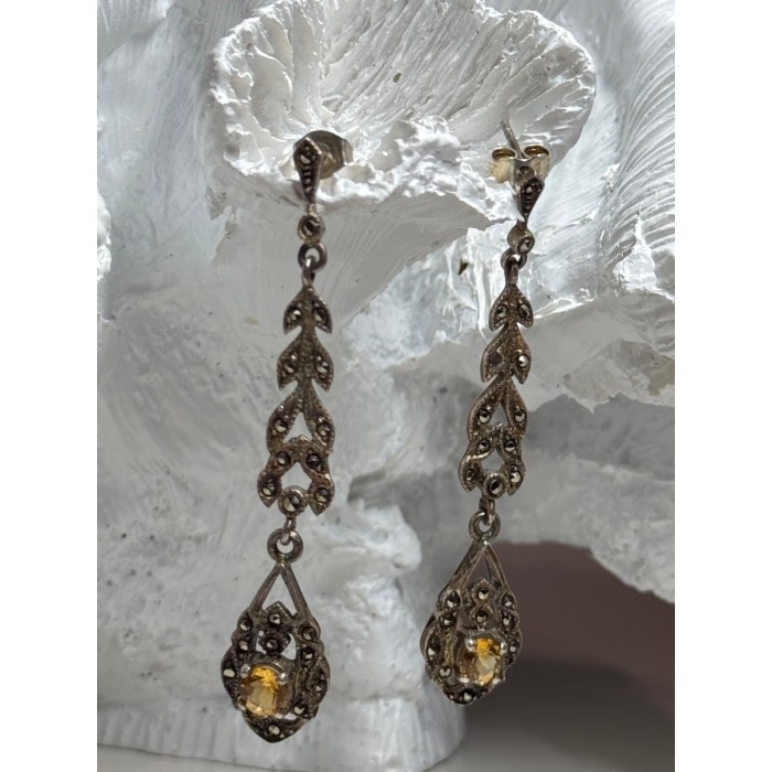925 Sterling Silver Citrine & Marcasite Earrings Length 2.2 Inch
