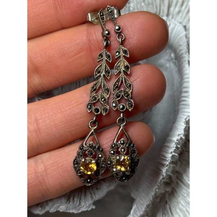 925 Sterling Silver Citrine & Marcasite Earrings Length 2.2 Inch