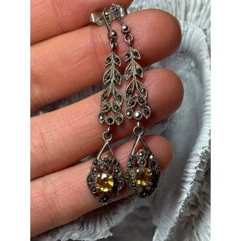 925 Sterling Silver Citrine & Marcasite Earrings Length 2.2 Inch