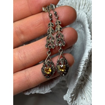925 Sterling Silver Citrine & Marcasite Earrings Length 2.2 Inch
