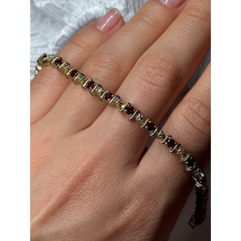 925 Sterling Silver Gold Plated Garnet Bracelet Length 7.5