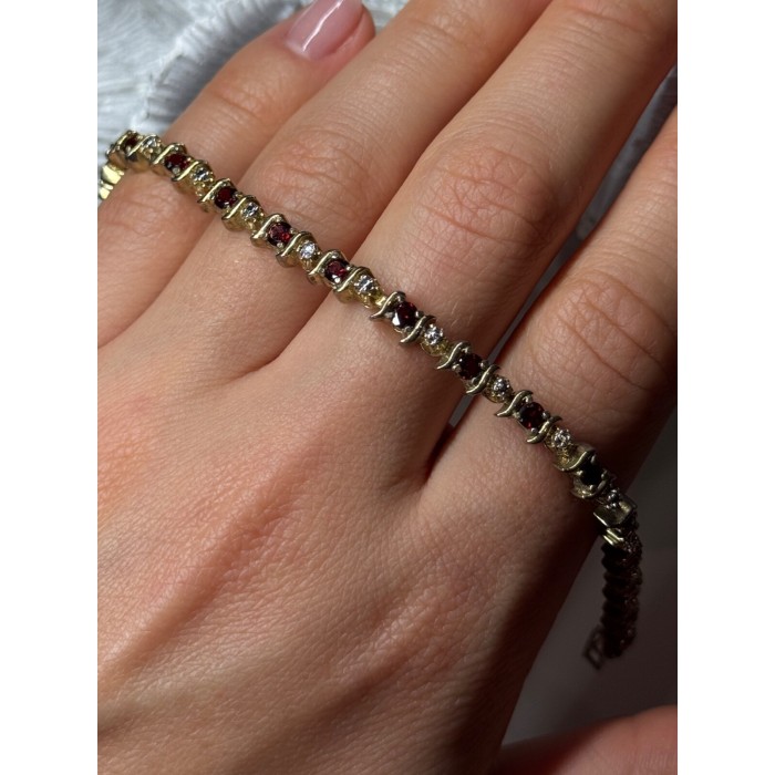 925 Sterling Silver Gold Plated Garnet Bracelet Length 7.5
