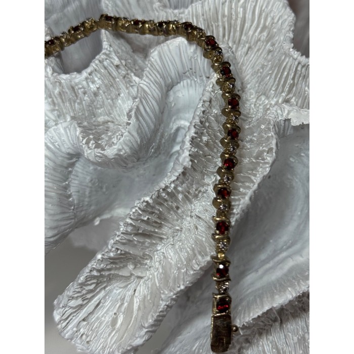 925 Sterling Silver Gold Plated Garnet Bracelet Length 7.5