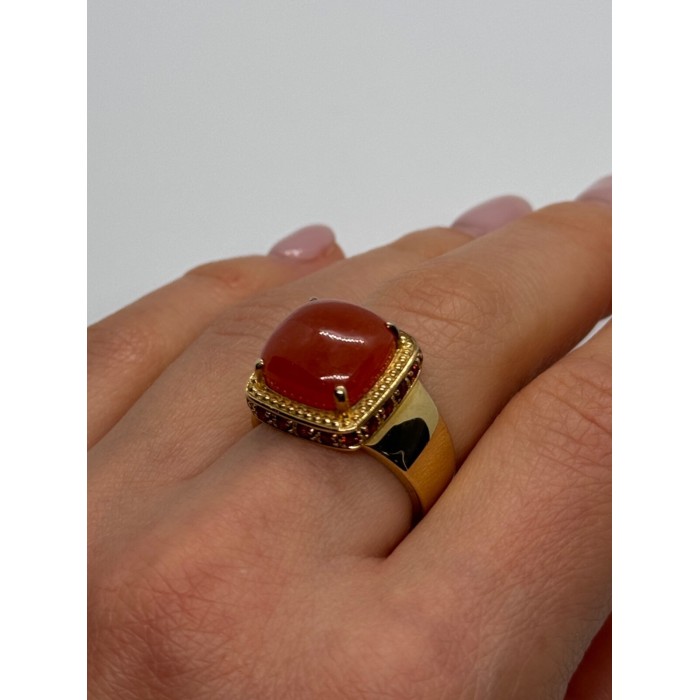 925 STERLING SILVER GOLD PLATED AMBER & RED SPINEL RING SIZE 7.5
