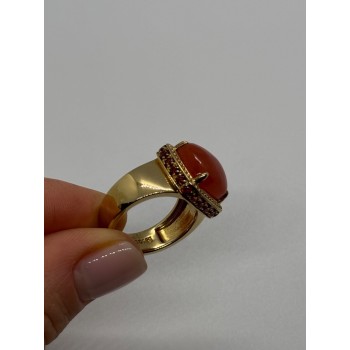 925 STERLING SILVER GOLD PLATED AMBER & RED SPINEL RING SIZE 7.5
