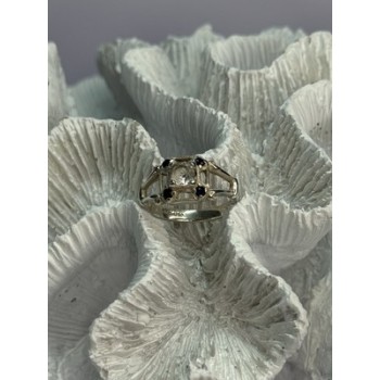 925 Sterling Silver White & Blue Sapphire Ring Size 7