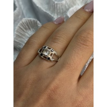 925 Sterling Silver White & Blue Sapphire Ring Size 7