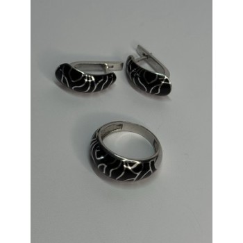 925 Sterling Silver Enamel Ring & Earrings Set Size 9