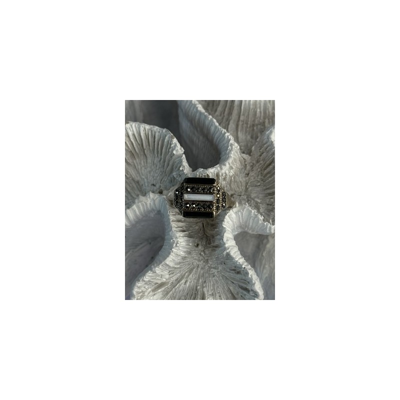 925 Sterling Silver Jade Abalone Marcasite Ring Size 6