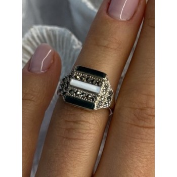 925 Sterling Silver Jade Abalone Marcasite Ring Size 6