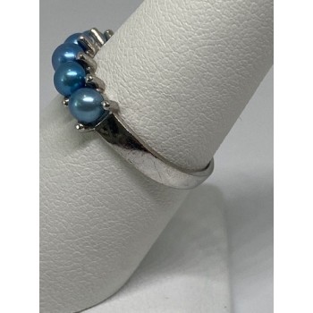 925 Sterling Silver With Simulated Teal Colored Pearls Ring Size-7