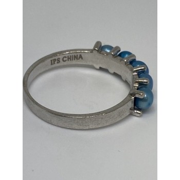 925 Sterling Silver With Simulated Teal Colored Pearls Ring Size-7