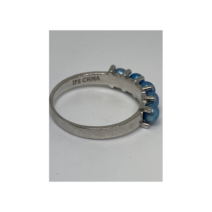 925 Sterling Silver With Simulated Teal Colored Pearls Ring Size-7