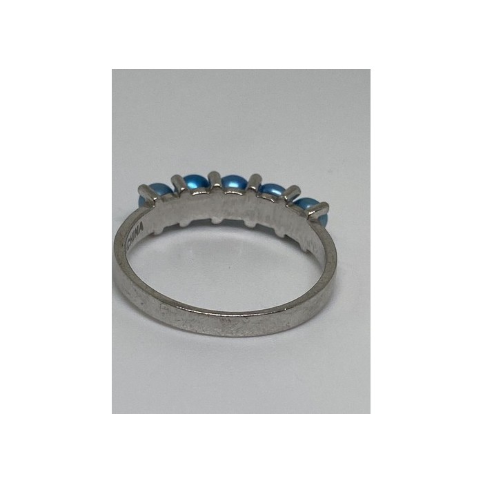 925 Sterling Silver With Simulated Teal Colored Pearls Ring Size-7