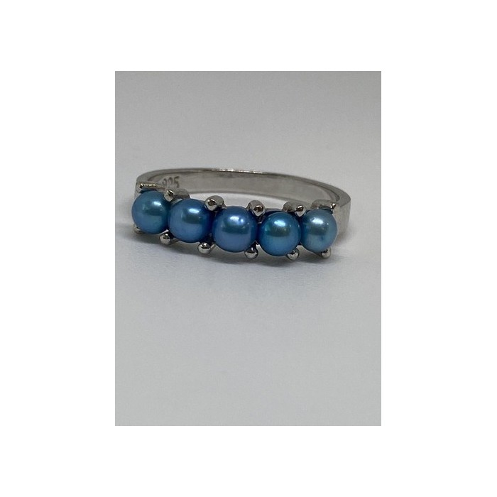 925 Sterling Silver With Simulated Teal Colored Pearls Ring Size-7
