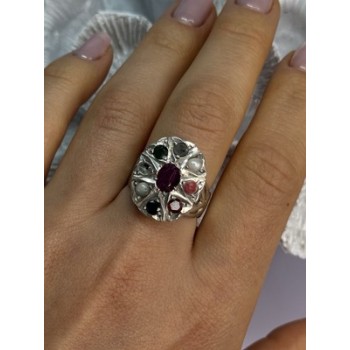 925 Sterling Silver Ruby & Multicolor Gemstones Ring Size 8