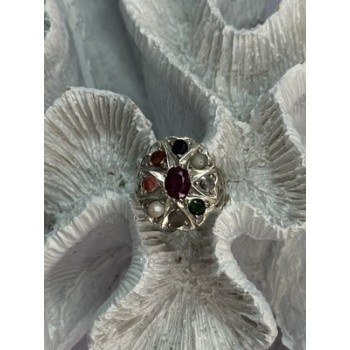 925 Sterling Silver Ruby & Multicolor Gemstones Ring Size 8