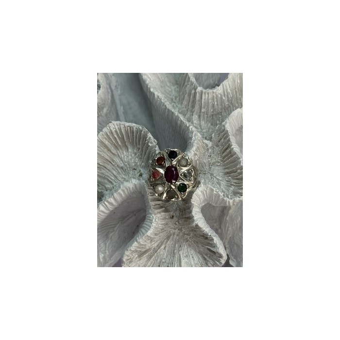 925 Sterling Silver Ruby & Multicolor Gemstones Ring Size 8