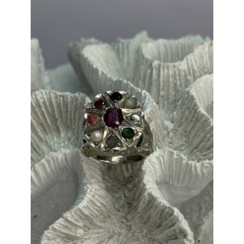 925 Sterling Silver Ruby & Multicolor Gemstones Ring Size 8