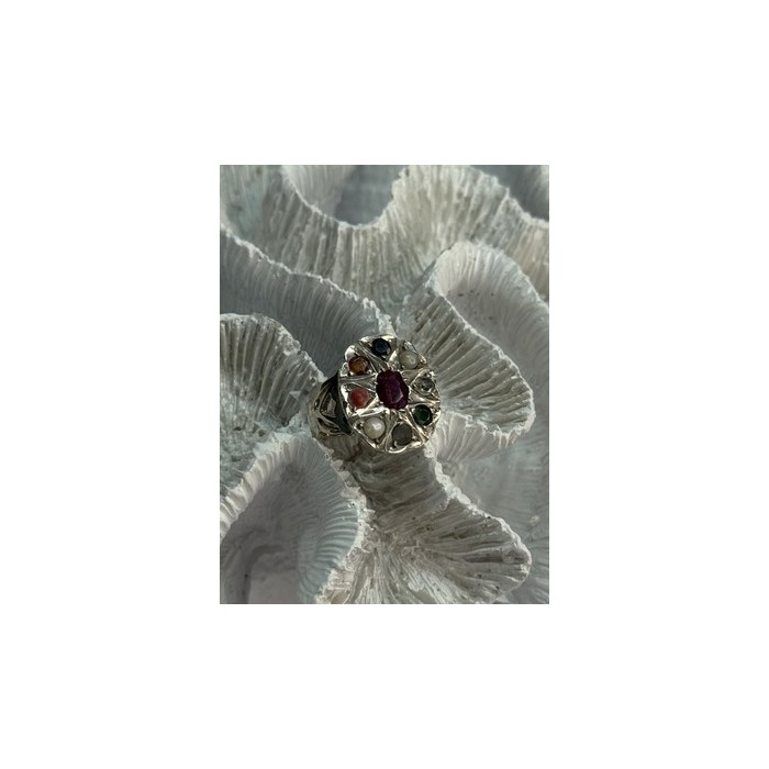 925 Sterling Silver Ruby & Multicolor Gemstones Ring Size 8