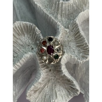 925 Sterling Silver Ruby & Multicolor Gemstones Ring Size 8