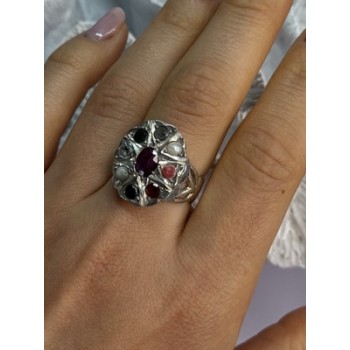 925 Sterling Silver Ruby & Multicolor Gemstones Ring Size 8