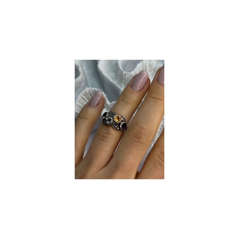 925 STERLING SILVER GARNET, CITRINE, TOPAZ,  AMETHYST & MARCASITE RING SIZE 5.5