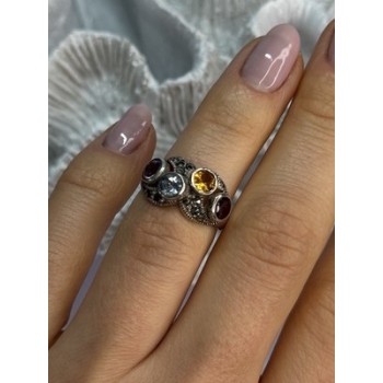 925 STERLING SILVER GARNET, CITRINE, TOPAZ,  AMETHYST & MARCASITE RING SIZE 5.5