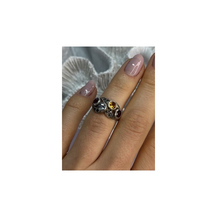 925 STERLING SILVER GARNET, CITRINE, TOPAZ,  AMETHYST & MARCASITE RING SIZE 5.5