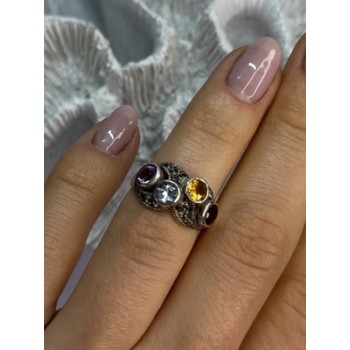 925 STERLING SILVER GARNET, CITRINE, TOPAZ,  AMETHYST & MARCASITE RING SIZE 5.5