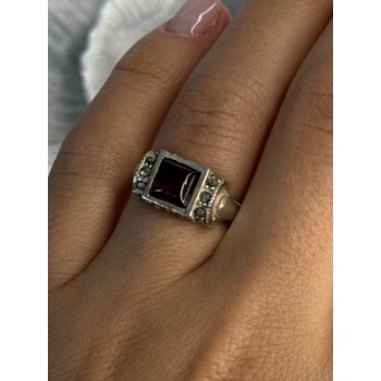 925 Sterling Silver Amber & Marcasite Ring Size 6.5