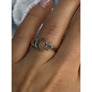 925 Sterling Silver Moon & Star Marcasite Ring Size 8