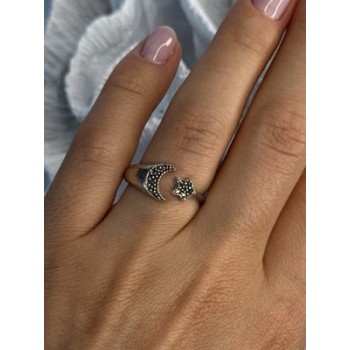 925 Sterling Silver Moon & Star Marcasite Ring Size 8