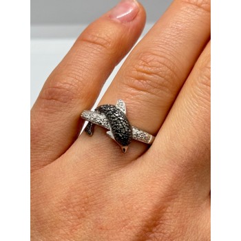 925 Sterling Silver Marcasite & CZ Dolphin Ring Size 6