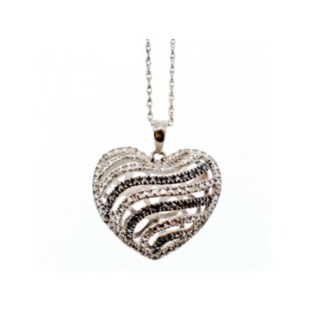 925 Sterling Silver White & Black CZ Heart Chain With Pendant