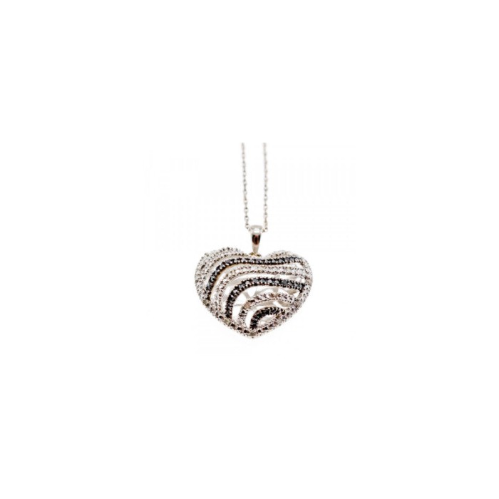 925 Sterling Silver White & Black CZ Heart Chain With Pendant